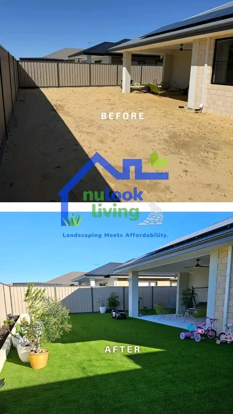 Before and after of a backyard: bare sand beside a covered alfresco on top, artificial turf with potted plants and children's bikes below
