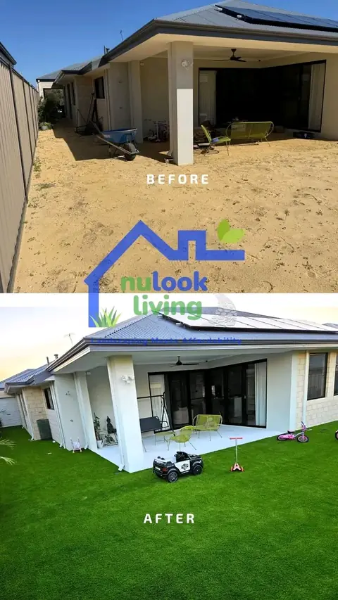 Before and after of the side of a house: a sand yard with a wheelbarrow on top, artificial turf and a paved alfresco below