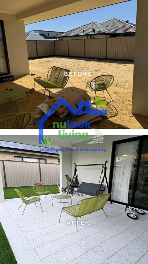 Before and after of a covered alfresco: sand floor with chairs and cardboard on top, light speckled paving with a swing seat and green chairs below