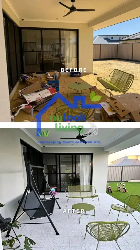 Before and after of a covered alfresco: cardboard boxes on sand on top, speckled paving with a swing seat, green chairs and artificial turf at the edge below