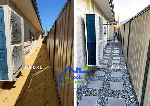 Before and after of a side passage: sand beside a fence and an air-conditioning unit on the left, grey gravel with square pavers on the right