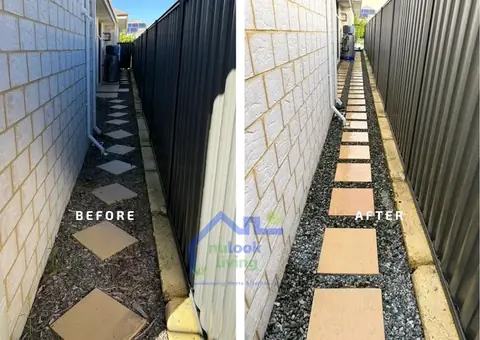 Before and after of a side passage: mulch and soil with stepping stones on the left, dark gravel with rectangular pavers on the right