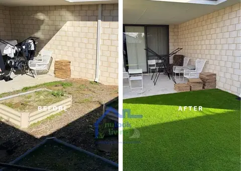 Before and after of a courtyard: dirt with a metal raised garden bed beside a paved area on the left, artificial grass on the right