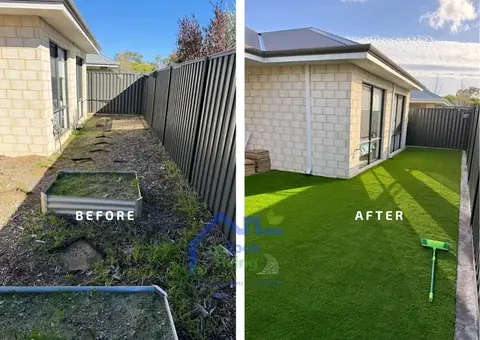 Before and after of a side yard: mulch and soil with a metal raised garden bed on the left, artificial grass on the right
