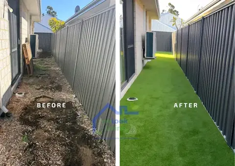 Before and after of a narrow side passage: mulch and bare soil beside a dark fence on the left, artificial grass on the right