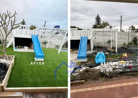 After on the left: artificial grass with a timber-edged garden bed and a blue slide. Before on the right: black membrane, soil and tools