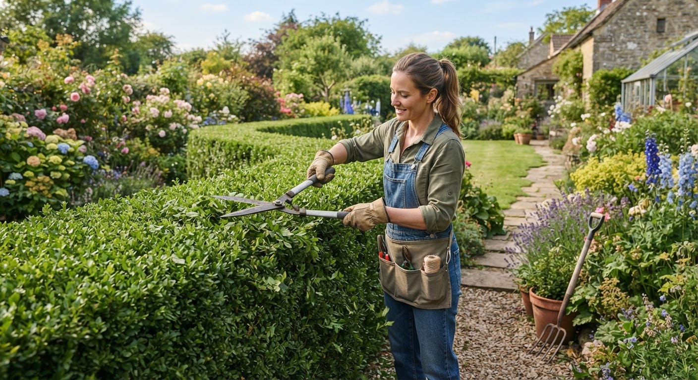 Gardener trimming a hedge in a flower garden